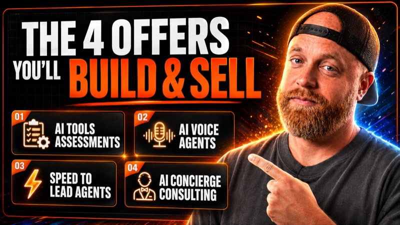 The 4 offers you'll build and sell: AI Tools Assessments, AI Voice Agents, Speed to Lead Agents, AI Concierge Consulting