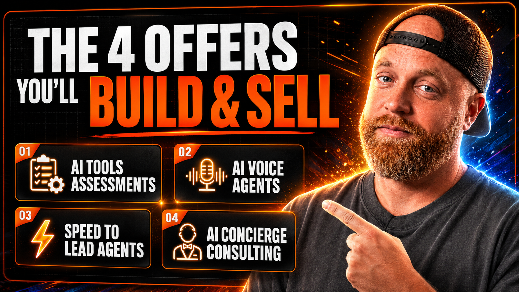 The 4 offers you'll build and sell: AI Tools Assessments, AI Voice Agents, Speed to Lead Agents, AI Concierge Consulting